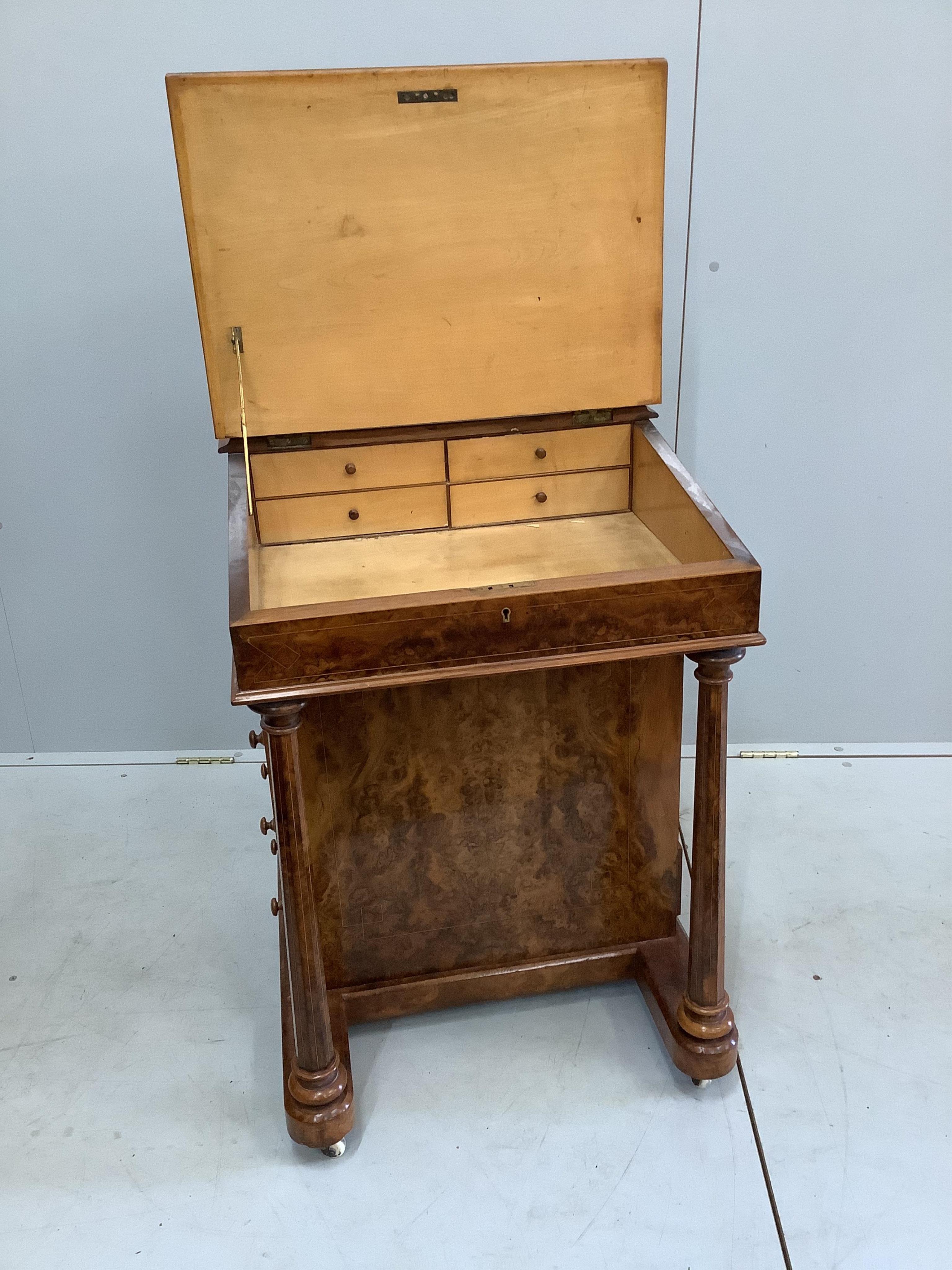 A Victorian inlaid burr walnut davenport, width 55cm, depth 55cm, height 80cm